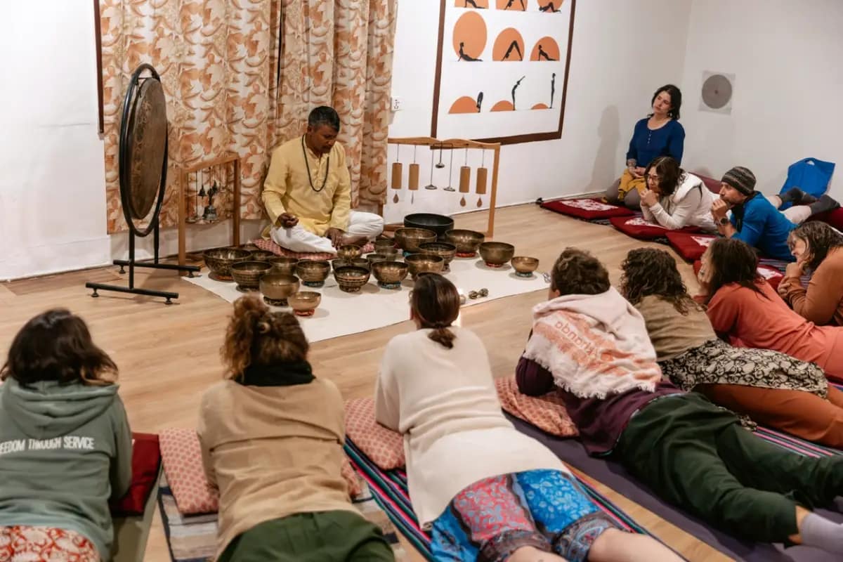 Sound healing session at Niru Yoga Homestay retreat in Nepal