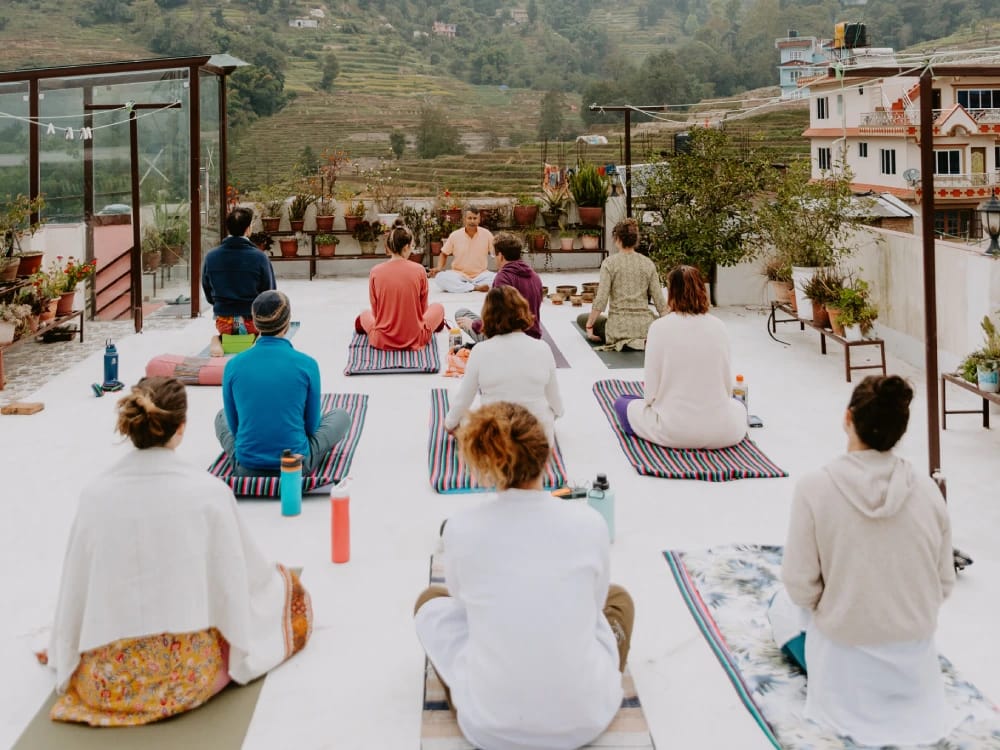 Yoga practice during a 10 day detox retreat at Niru Yoga Homestay in Nepal