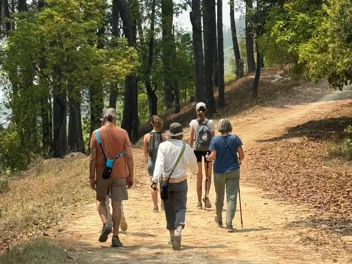 Small group walking on a mountain trail during yoga trekking in Nepal