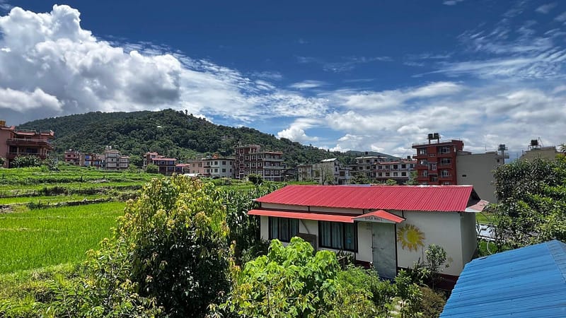 Yoga hall with mountain view at Niru Yoga Homestay near Bhaktapur Nepal
