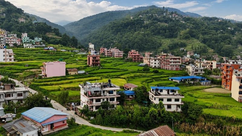 Aerial view of Niru Yoga Homestay and Nagarkot Phedi village in Bhaktapur Nepal