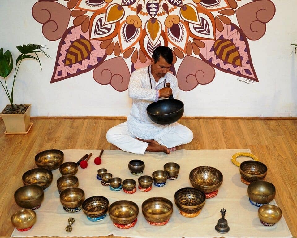Sound healing meditation with Tibetan singing bowls at Niru Yoga Homestay, Nagarkot Nepal